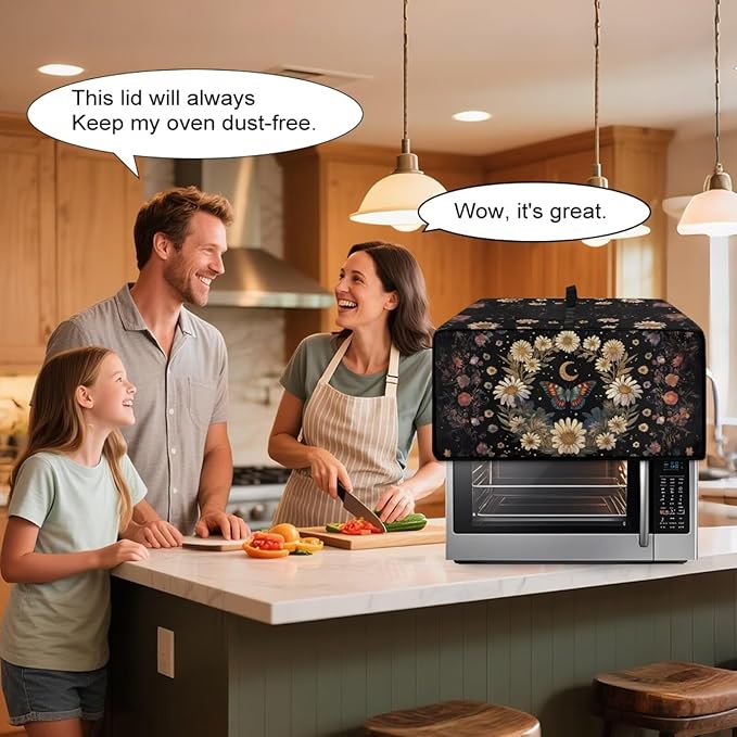 Vintage Daisy Butterfly Moon Print Toaster Oven Cover with Storage Bags Dust Cover for Microwave Oven Polyester-Linen Small Appliance Dust Covers Fits Most Microwaves, M