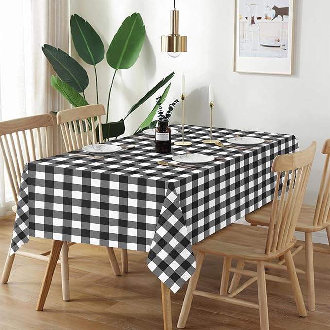 QIKSION Black Gingham Tablecloth Disposable 2 Pack, 54 x 108 Inch Black and White Checkered Table Cloth for Picnic, Outdoor BBQ Decorations, Birthday Party Supplies, Rectangle, Plastic Table Cover