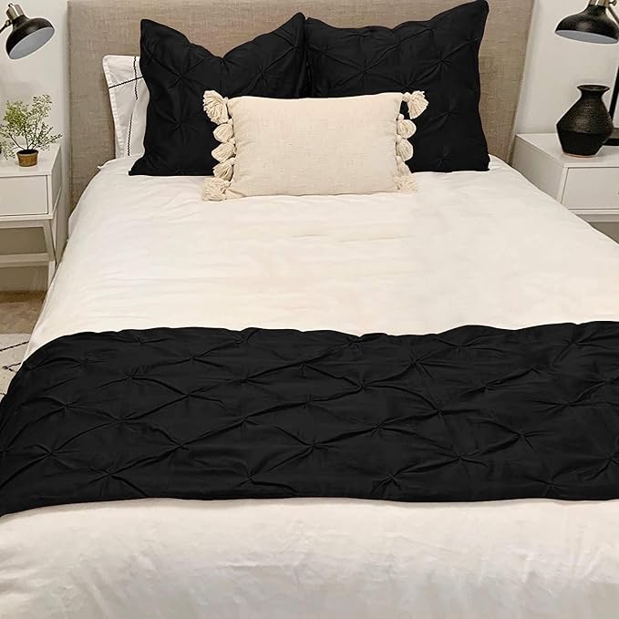 Bed Runner Set - 100% Pure Cotton 800 Thread Count - Luxury 1 Pinch Pleated Bed Runner and 2 Pillow Cover - 3 Piece Pinch Pleated Bed Runner Set King, Black