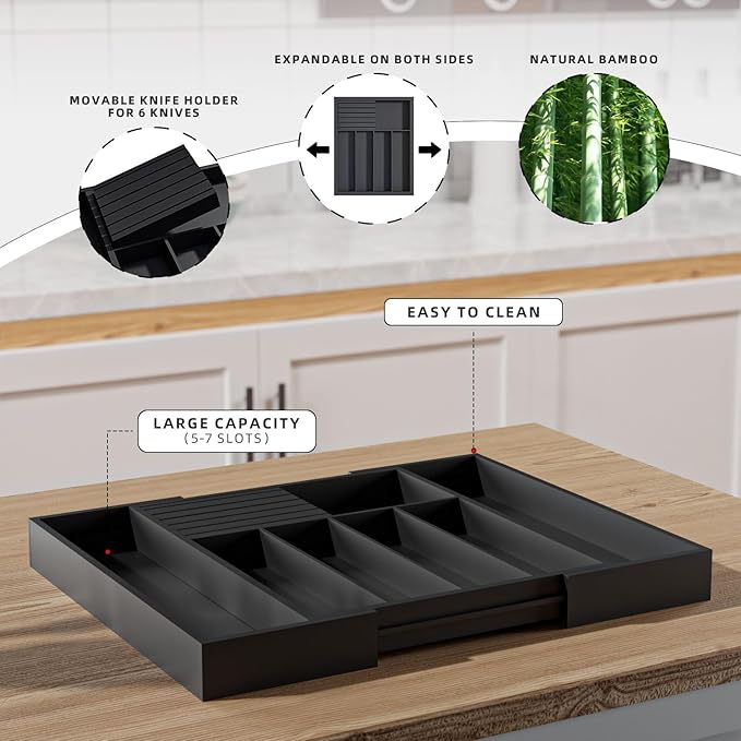 Utensil Organizer Silverware Tray for Drawer - Bamboo Knife Drawer Organizer Expandable Cutlery Organizer in Drawer Knife Block W12.8-20.2" x L16 x H2 (Black)
