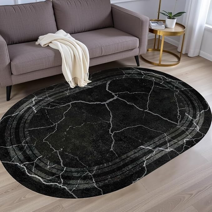 Black Grey Striped Texture Bordered Rugs 6x9 Modern Minimalist Indoor Large Area Rug for Living Room Bedroom Dining Room Soft Faux Wool Non Slip Floor Mats Entrance Bathroom Home Office Oval Carpet