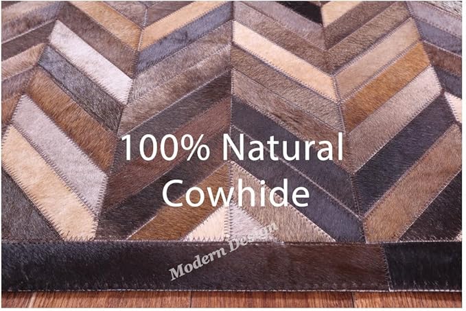 Modern Design Premium Cowhide Leather Carpet with Chevron Pattern, Area Rug (Natural Multi Brown, 3x10)