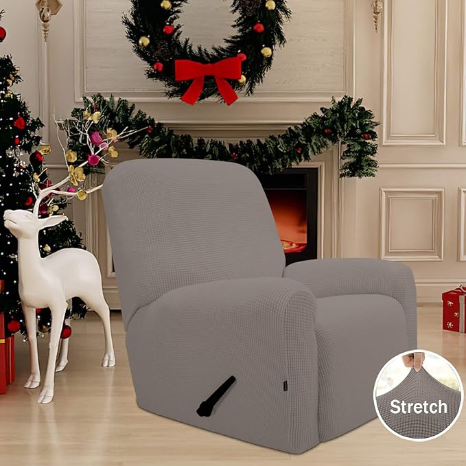 Easy-Going Recliner Stretch Sofa Slipcover Sofa Cover 4-Pieces Furniture Protector Couch Soft with Elastic Bottom, Spandex Jacquard Fabric Small Checks(Recliner,Taupe)