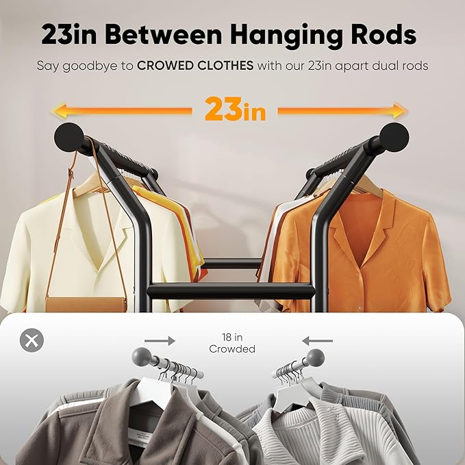 HOKEEPER Heavy Duty Clothes Rack Load 635 LBS, Clothing Rack for Hanging Clothes, Adjustable Black Double Rod with Metal Basket, Portable Rolling Garment Rack with Wheels for Bedroom, Laundry Room
