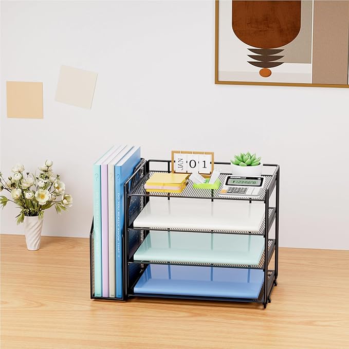 Marbrasse Desk Organizer and Accessories，4-Tier Paper Letter Tray Organizer with File Holder，Desk Accessories & Workspace Desktop Organizers for School Home Office Supplies (Black)