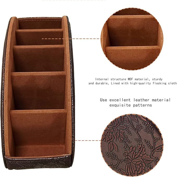 Leather Remote Control Holder TV Remote Caddy Store Box, Bedside Table Organizer for Controller, Media Player, Brush, Glasses, Note Paper and Pen Storage(Retro)