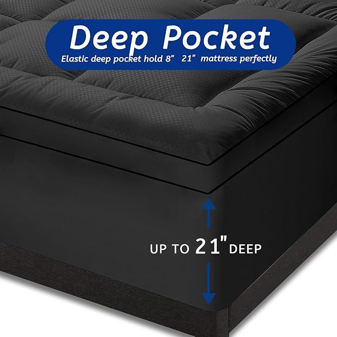 California King Mattress Topper for Back Pain, Cooling Extra Thick Mattress Pad Cover with 8-21 inch Deep Pocket, Plush Pillow Top Mattress Topper Overfilled with Down Alternative,Cal King,Black