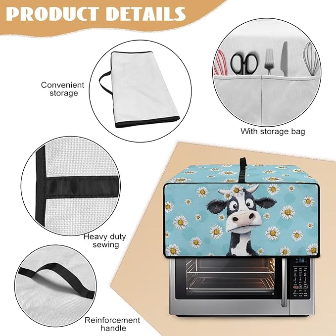 Air Fryer Toaster Oven Dust Cover with Side Pockets, Protective Smart Oven Cover for Kitchen Countertop Decorations, M, 16.5 x 20.5 x 10 Inches, Cow Daisy Light Blue