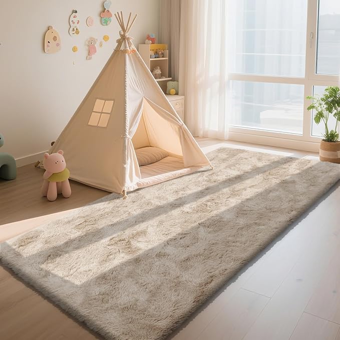 Soft Runner Rugs for Bedroom, Beige 3x7 Area Rugs Fluffy Rug Shaggy Area Rug Carpet, Bedside Rug for Living Room Bedroom Kids Room Home Decor