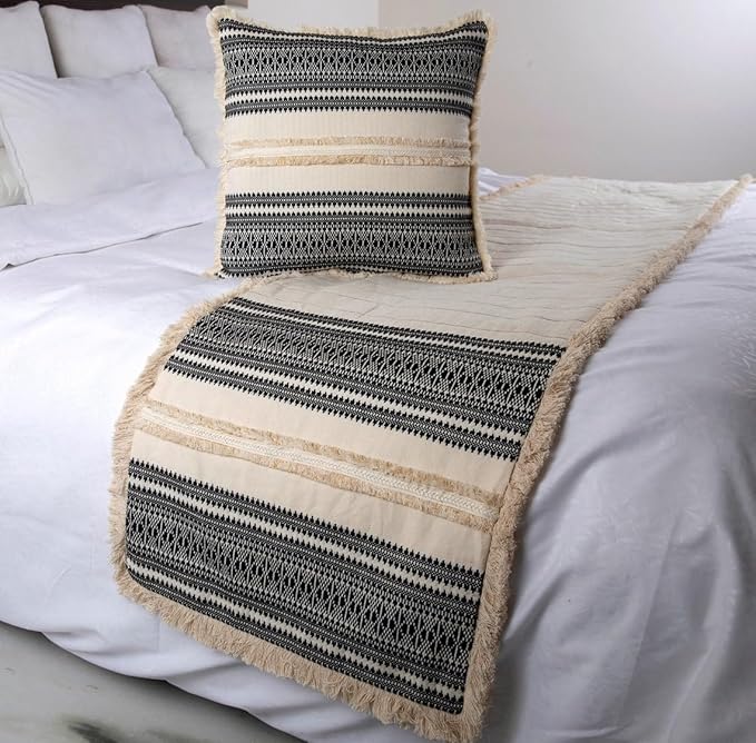 The HomeCentric Beige Bed Runner, Twin Size 53"x18" Decorative Bed Runner with 2 Matching Pillow Cover, Beige & Black Linen Bed Scarf in Quilted, Natural Linen with Lace - Moroccan Vibe
