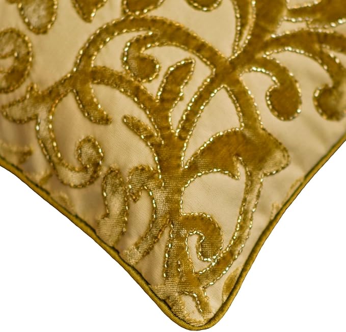 The HomeCentric King/Queen/Twin Beige Gold Decorative Bed Runner CA King 86"x18" Bed Runner with Two Pillow Cover, Cut Velvet, Beaded Bed Scarf on Velvet Fabric - Serene Symphony