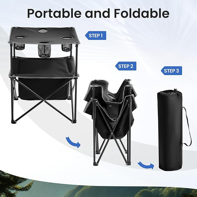 Portable Outdoor Folding Camping Table with 4 Cup Holders & Cooler Compartment, Waterproof Picnic Table for Picnic, BBQ, Beach, Hiking (Black)
