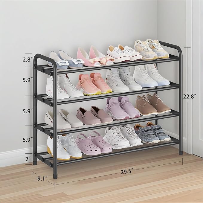 KANAV 4-Tier Expandable Shoe Rack – Adjustable Shoe Organizer & Shoe Storage for Closet, Entryway, and Front Door – Space-Saving Shoe Shelf and Rack Organizer for Home - Black