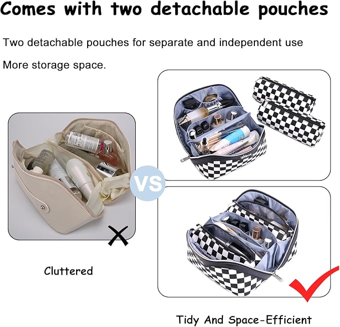 BOYATU Travel Makeup Bag Cosmetic Bags for Women: Large Make up Bags Set of 3 - Portable Makeup Organizer with Compartments&Handle&Divider - Waterproof PU Leather Toiletry Bag(A-5-Checkered Mix Black)