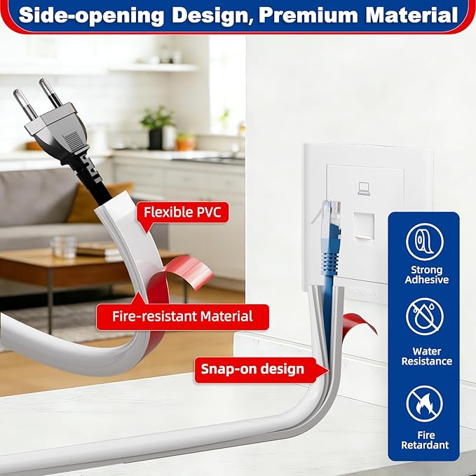 78" Side Buckle Cable Hider for 1 Cords,Extension Cord Covers for Wires On Wall,Adhesive Cord Hider for Wall Mount Tv, Wire Channel for Cable Concealer,Cable Raceway Home & Office,White