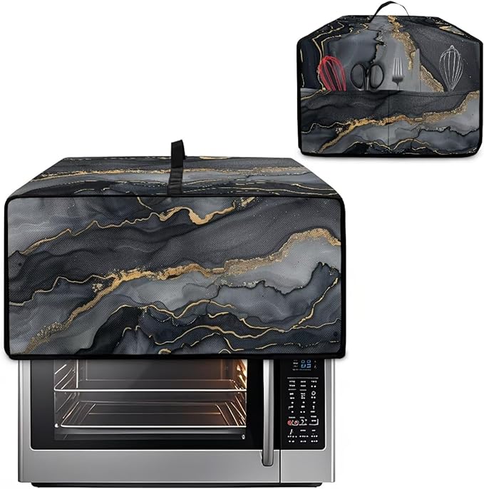 Convection Toaster Oven Cover Protective Small Kitchen Appliance Dust Cover with Accessory Pockets for Kitchen Home Indoor Decorations, L, Marble Black Gold