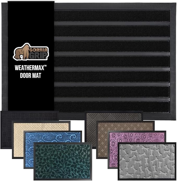 GORILLA GRIP 100% Waterproof All-Season WeatherMax Doormat US Designed Natural Rubber, Stain and Fade Resistant, Low Profile Indoor Outdoor Door Mats, Easy Clean Patio Mat, 17x29, Black Stripe