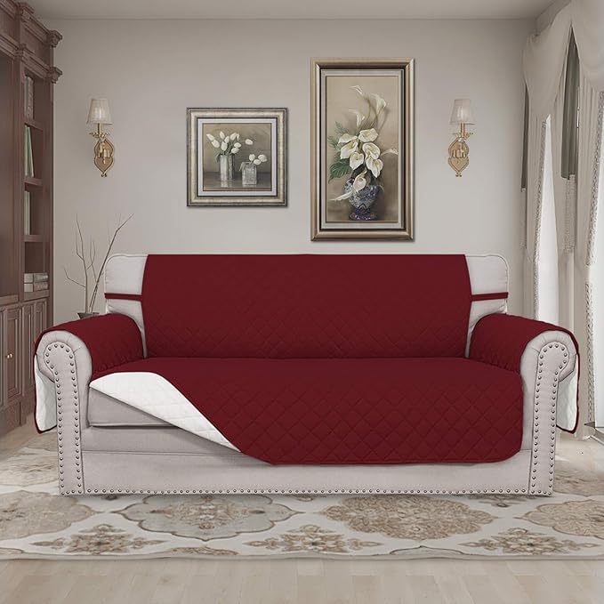 Easy-Going Sofa Slipcover Reversible Loveseat Sofa Cover Couch Cover for 2 Cushion Couch Furniture Protector with Elastic Straps for Pets Kids Dog Cat (Oversized Loveseat, Christmas Red/Ivory)