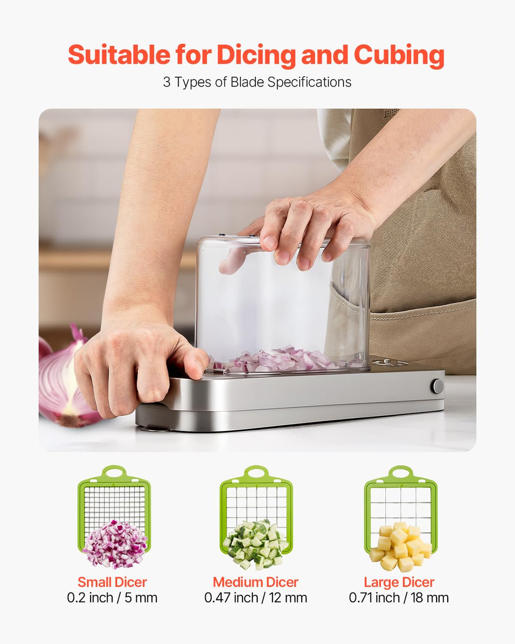 VEVOR Vegetable Chopper, Food Veggie Cutter with 3 Stainless Steel Blades, Onion Slicer with Container, Salad Potato Dicer Kitchen Gadgets & Essentials Home Appliances Tools for Easy DIY, Silver