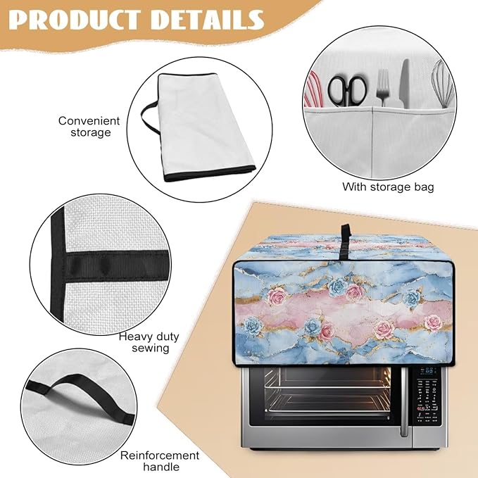 Rose Marble Texture Print Microwave Oven Grill Cover Protector Polyester-Linen Fabric Microwave Oven Dust Cover with Storage Bags Case Protections for Toaster Oven, M