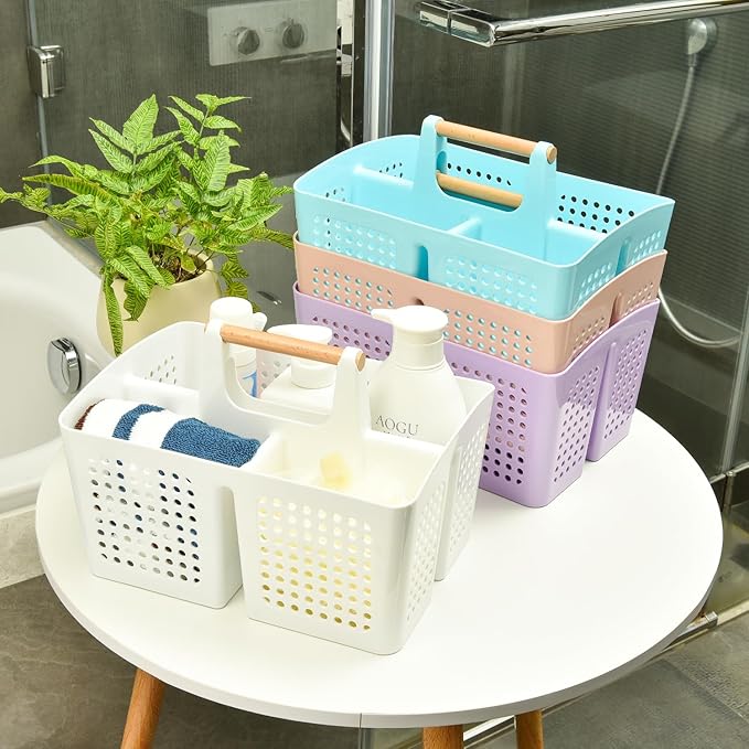 Portable Shower Caddy Basket with Wood Handle, 3-Compartment Bathroom Organizer Tote with Drain Holes, Plastic Shower Basket for Dorm, Toiletries, Cleaning Supplies, Deep Blue