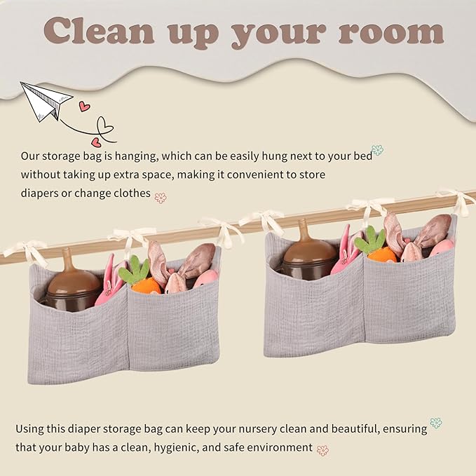 Cotton Baby Nappy-Bag Organizer, Bunk Bedside Hanging Bag, 2-Pocket, 15*7.5 Inches, Printing