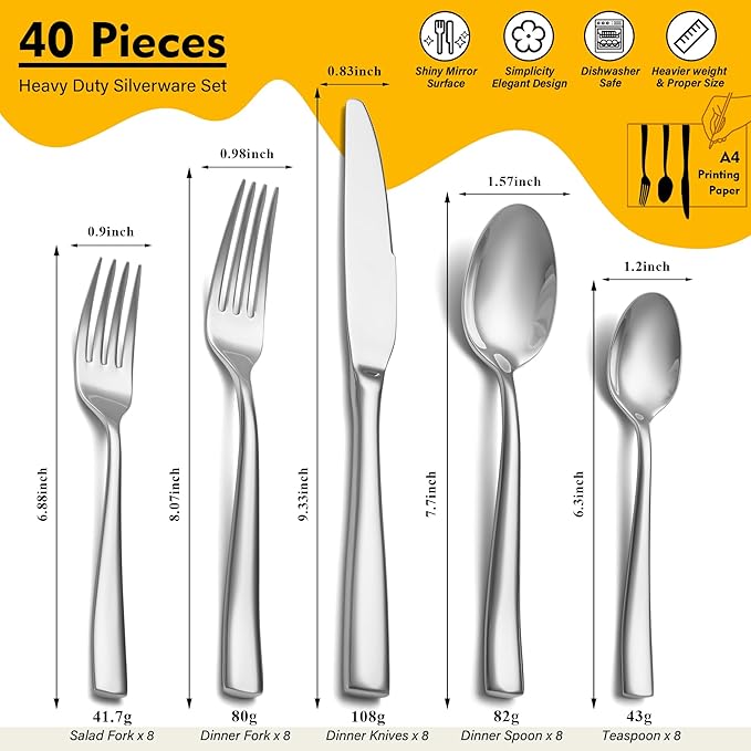 Heavy Duty Silverware Set for 8, EIUBUIE 40 Piece Stainless Steel Flatware Cutlery Set, Durable Kitchen Eating Utensils Tableware Sets Including Fork Spoon Knife Sets, Mirror Polished, Dishwasher Safe
