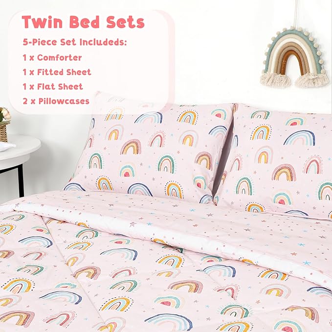 Twin Size Toddler Bedding Set for Girls 5 Piece Toddler Girl Bedding, Super Soft Toddler Comforter Set Includes Comforter, Flat Sheet, Fitted Sheet, Pillowcase (Pink Cute Rainbow)