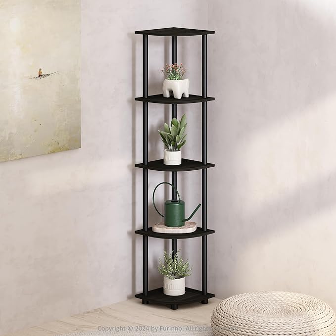 Furinno Turn-N-Tube Storage Shelves, 5-Tier Book Shelf, Corner Shelf, Toolless Open Shelves, for Organization and Storage, Living Room, Home Office, Hallway, Bedroom, Espresso