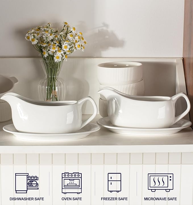 Dizada Gravy Boat with Saucer 19 Oz Set of 2 - White Porcelain Gravy Bowl, Ceramic Sauce Dispenser for Turkey, Dressing, Creamer, Microwave Dishwasher Safe