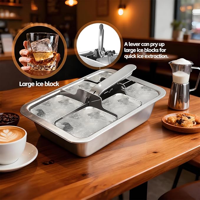 YeQIENGC Stainless Steel Ice Cube Trays with Lever - 6 Large Cube Mold for Whiskey & Cocktails, Professional Heavy Duty Metal Freezer Tray, Non-Toxic & Easy Release for Kitchen & Bar Use