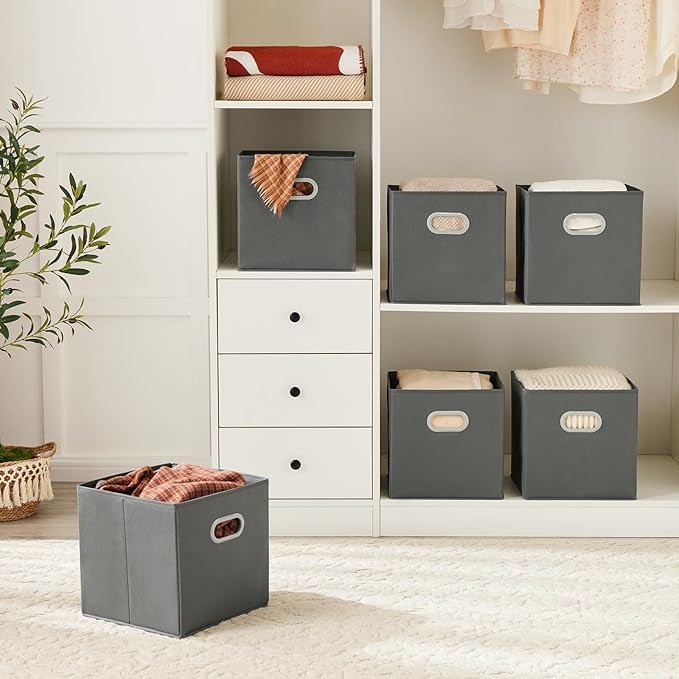 MAX Houser Fabric Storage Bins Cubes Baskets Containers with Dual Plastic Handles for Home Closet Bedroom Drawers Organizers (Cattail Gray)