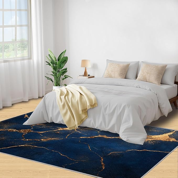 8x10 Abstract Marble Rugs for Living Room - Dark-Blue-Marble Large Area Rug, Luxury Stone Pattern Modern Boy Nursery Rug Soft Washable for Classroom Office Bedroom Kids Room