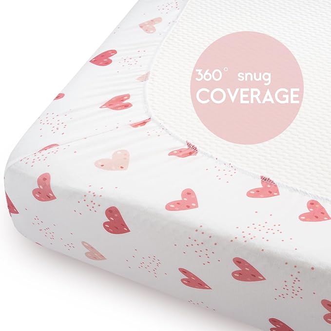 Yoofoss Pack and Play Sheets Fitted, Mini Crib Sheets 2-Pack for Pack N Play Mattress, Stretchy Playard Sheet, Soft and Breathable Pink+Love