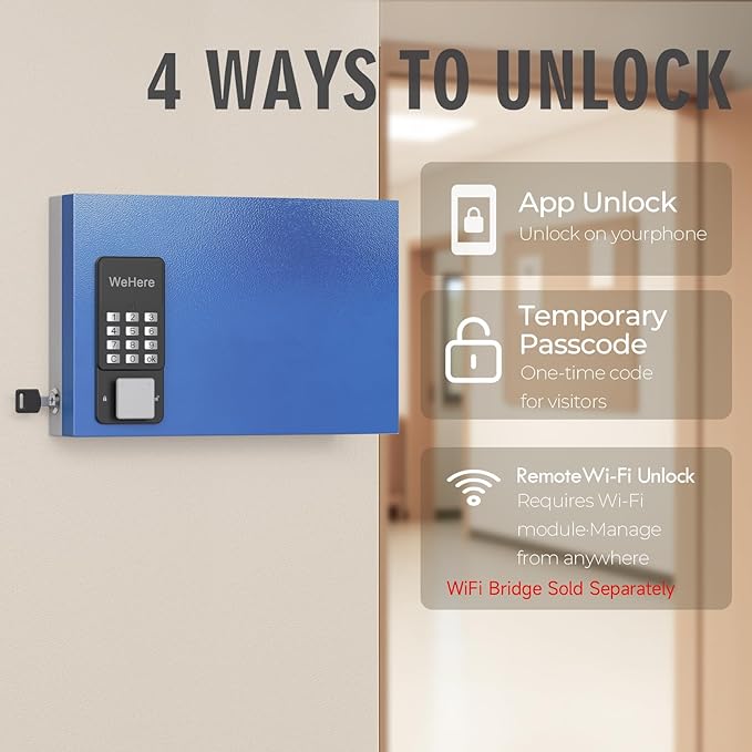 WeHere 24-Key Smart Key Lock Box Wall-Mount, Key Cabinet with Key Management App(Track Key Borrow/Return), Keypad, Bluetooth & WiFi Unlock (Sold Separately) for Commercial, School, Rental, Office
