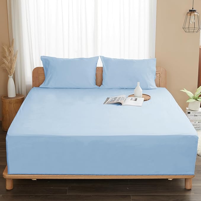Sunflower Full Fitted Sheet, 1-Piece Deep Pocket Fitted Bottom Sheet 16", 100% Cotton Sateen Soft Breathable, Powder Blue