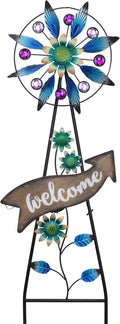 TERESA'S COLLECTIONS Peacock Garden Solar Stake, Wind Spinner Yard Art Sign for Outdoor Decor, Metal Purple Floral Windmill Decorative Garden Stake for Lawn Ornaments, Gifts for Mom, 37''