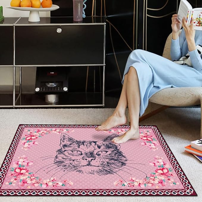 Cartoon Animal Pattern Area Rug Cute Cat Luxury Floral Decor for Carpet Farmhouse Bedroom Living Room Rugs Bathroom Kitchen Runner Mat Indoor Outdoor Non Slip Doormat 1.3' X 2'