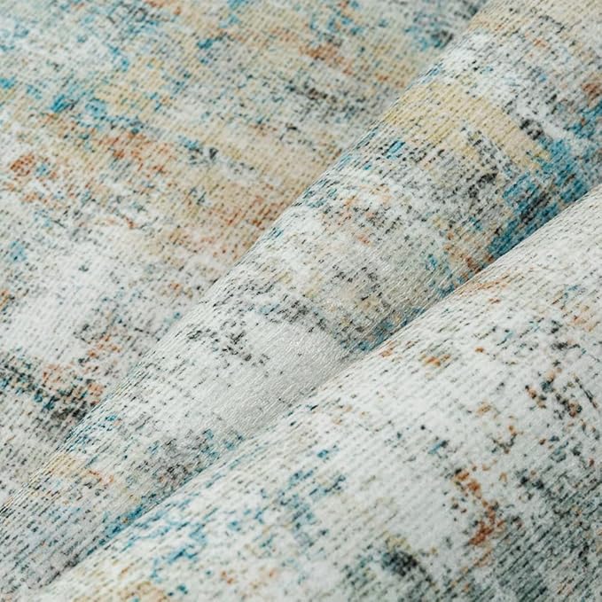 8x10 Washable Area Rug Teal Beige Abstract Living Room Bedroom Carpet Neutral Modern Non-Slip Soft Low Pile Lightweight Vacuumable Large Throw Rug for Dining Room