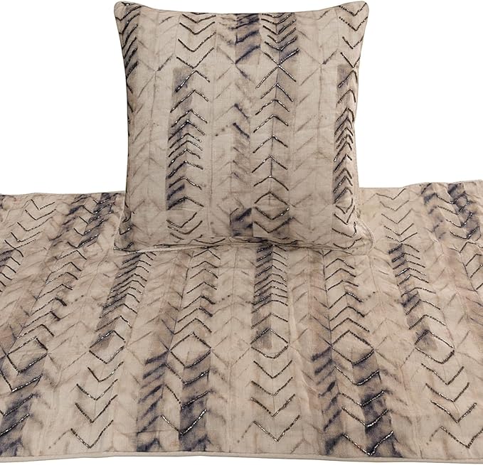 The HomeCentric King Queen Twin Grey Designer King 90"x18" Bed Runner with 2 Pillow Cover, Tie & Dye Beaded Bed Scarf on Cotton Fabric - Tie Dye Chevy