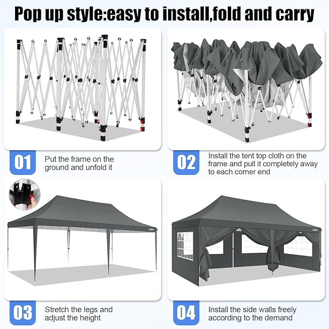 COBIZI 10x20 Pop Up Canopy with 6 Sidewall, Commercial Canopy UPF 50+ Waterproof Outdoor Gazebo with Carry Bag, Tents for Parties with Upgrade Frame, 3 Height Adjustable, Classic Grey