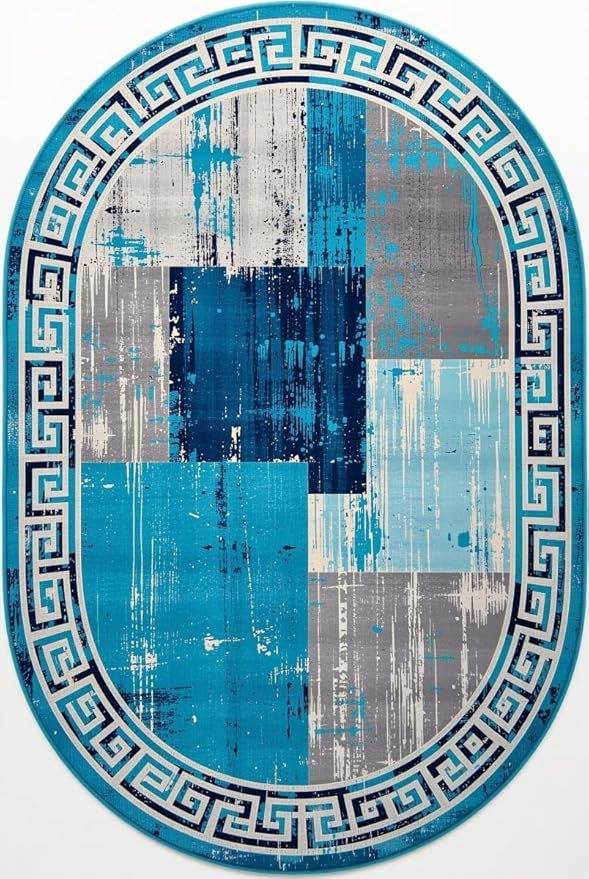 Distressed Blue Grey Greek Key Pattern Indoor Area Rug 5x8 for Living Room Bedroom Dining Room Faux Wool Anti Slip Floor Mats Nursery Entryway Minimalist Geometric Texture Bordered Rugs Retro Carpet