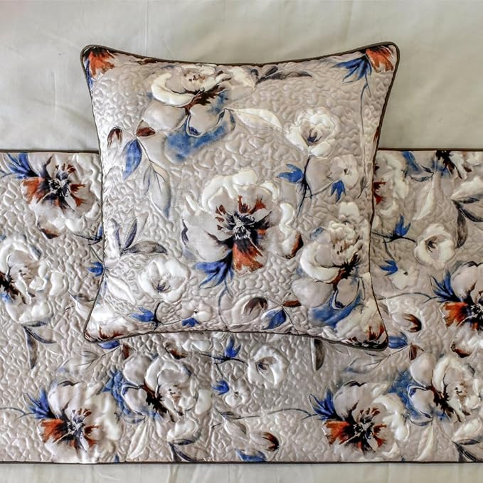 The HomeCentric King/Queen/Twin Ivory Luxury Queen 74"x18" Bed Runner Without Pillow Cover, Floral, Quilted Bed Scarf on Satin Fabric - Floral Harmony