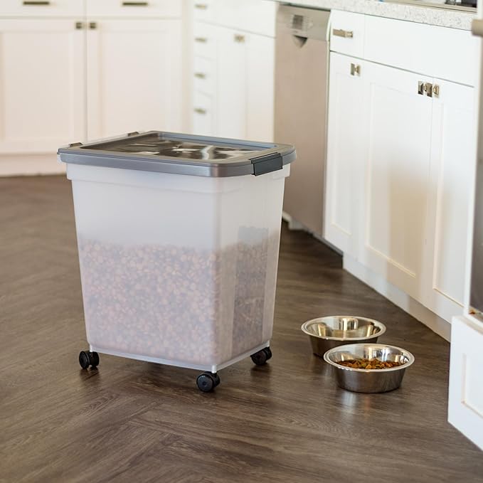 IRIS USA Dog Food Storage Container 50 lbs, with Removable Rolling Wheels & Included Scoop, for Dog Cat Bird and Other Pets, Food Storage Bin, Keep Fresh, Made in USA, Clear/Dark Gray