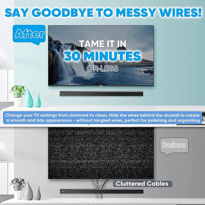 in-Wall Cable Management Kit for TV & Soundbar - Hide Cords Behind Wall Mounted TV with Power Relocation, Includes Drywall Saw & Hole Saw - DIY Home Theater & Gaming Setup