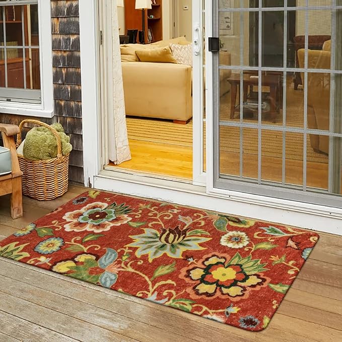 Lahome Floral Red Carpet Runner Rug 2x4, Washable Hallway Non-Slip Kitchen Christmas Runner Rugs, Vintage Throw Carpet for Hallway Bathroom Entryway Laundry Room(2'x4', Red)