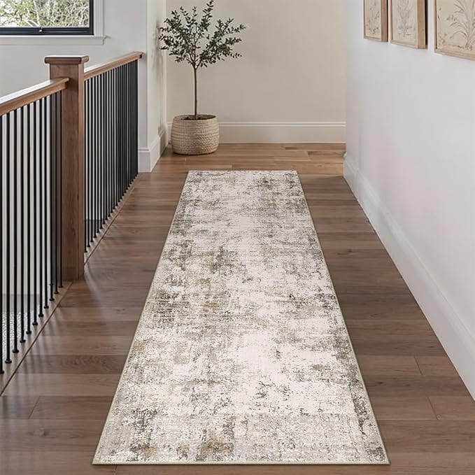 2x8 Washable Runner Rug Brown Grey Abstract Hallway Kitchen Throw Rug Neutral Modern Non Slip Soft Low Pile Carpet for Bathroom Laundry Bedroom Living Room