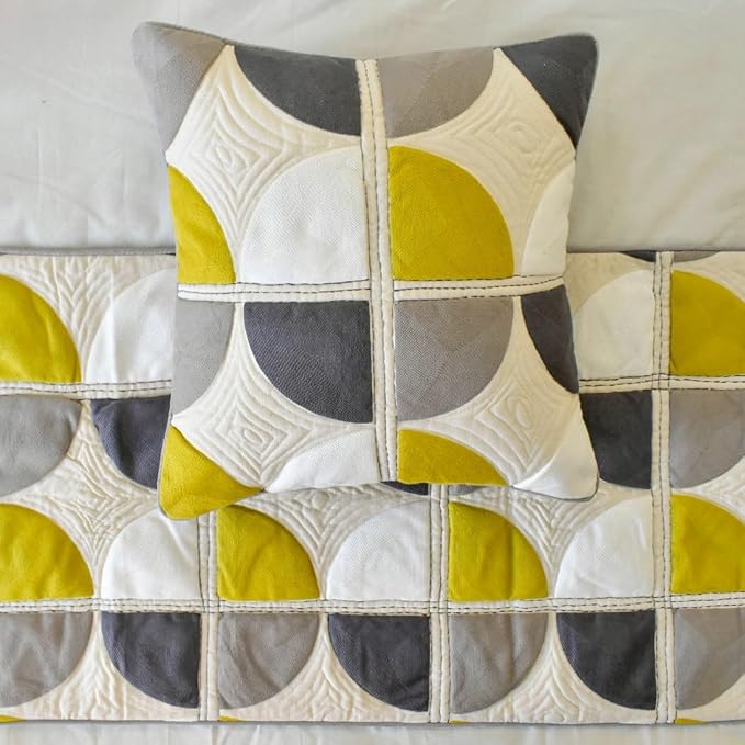 The HomeCentric King/Queen/Twin Yellow & Grey Luxury Twin 53"x18" Bed Runner Without Pillow Cover, Emboroidered, Quilted & Geometric Bed Scarf on Cotton Fabric - Geo Fusion