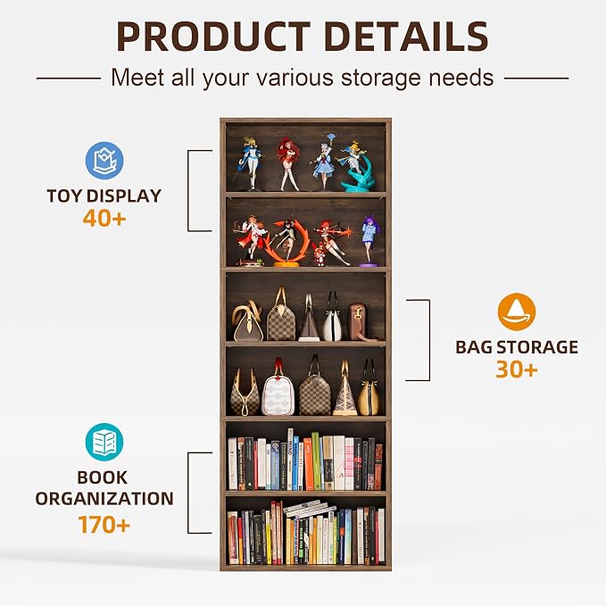 Furniwell 71" Tall Bookcase Bookshelves, 6 Tier Floor Standing Bookcases Open