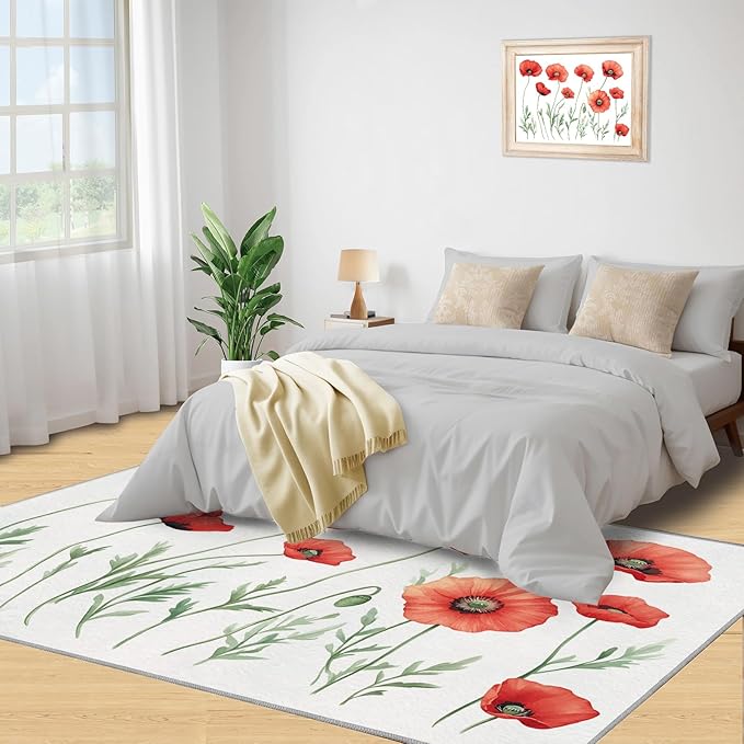Little Red Flower Rugs for Bedroom - 2x3 Area Rug - Abstract 3D Flowers Rugs for Living Room, Modern Simple Art Rug, Non-Slip Washable Home Decor Carpet